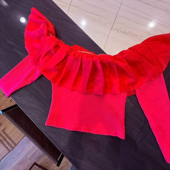 Anthropologie Tops - Anthropologie Off-Shoulder Ruffle Top in Vibrant Dark Pink Color